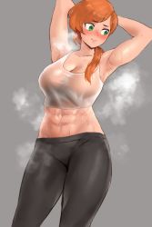Rule 34 | 1girl, abs, absurdres, alex (minecraft), armpits, arms behind head, arms up, blush, breasts, embarrassed, green eyes, highres, large breasts, looking to the side, low ponytail, minecraft, no bra, orange hair, pants, see-through, solo, steam, steaming body, sweat, nervous sweating, tank top, toned, yoga pants, yotamono