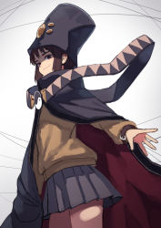 Rule 34 | 1girl, boogiepop, boogiepop (character), brown hair, cape, hat, highres, kaneni, looking at viewer, shaded face, simple background, solo