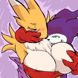 Rule 34 | blush, breasts, digimon, digimon (creature), finger in another&#039;s mouth, finger in mouth, furry, groping, impmon, large breasts, lowres, renamon