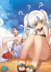 Rule 34 | 1boy, 1girl, ?, add (elsword), alternate costume, alternate hairstyle, anklet, code: exotic (elsword), day, elsword, eve (elsword), eyepatch, facial mark, feet, hand on another&#039;s head, jewelry, octoman, open mouth, outdoors, sand, sandals, seashell, shell, sweatdrop, swimsuit, toes, twintails, white hair, yellow eyes