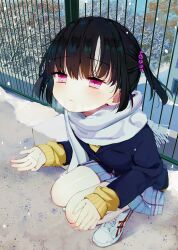 Rule 34 | bare legs girl (kamizaki hibana), black hair, blue coat, blue skirt, cardigan, closed mouth, coat, commentary request, fence, hair bobbles, hair ornament, iron fence, kamizaki hibana, looking up, miniskirt, original, outdoors, pink eyes, pleated skirt, scarf, skirt, snow, snowing, squatting, thighs, twintails, white footwear, white scarf, yellow cardigan