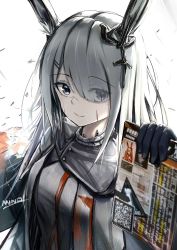 Rule 34 | 1girl, animal ears, arknights, black gloves, chinese commentary, commentary request, eyes visible through hair, frostnova (arknights), gloves, grey eyes, grey jacket, hair over one eye, highres, holding, jacket, long hair, looking at viewer, minoominoomi, partial commentary, rabbit ears, silver hair, smile, solo, upper body, white background