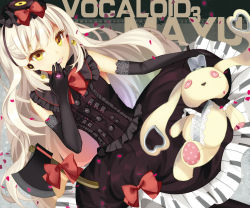 Rule 34 | 1girl, axe, bison cangshu, black gloves, bow, earrings, elbow gloves, gloves, headphones, jewelry, lipstick, long hair, looking at viewer, makeup, mayu (vocaloid), parted lips, smile, solo, stuffed animal, stuffed rabbit, stuffed toy, usano mimi, vocaloid, weapon, white hair, yellow eyes