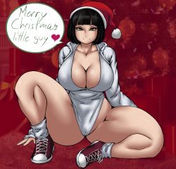 Rule 34 | 1girl, absurdres, black hair, blunt bangs, bob cut, breasts, christmas, cleavage, closed mouth, collarbone, full body, hat, highres, hood, hoodie, kyelyn, large breasts, leotard, long sleeves, looking at viewer, original, red background, santa hat, shoes, short hair, sitting, smile, smug, sneakers, solo, spread legs, thick thighs, thighs, yellow eyes