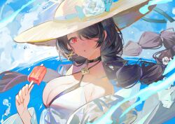Rule 34 | 1girl, absurdres, bikini, bingansuan jiamouren, black choker, black hair, blue archive, blue flower, blue ribbon, blue sky, braid, breasts, choker, cleavage, cloud, criss-cross halter, flower, food, hair over one eye, halterneck, hat, hat flower, hat ribbon, highres, hinata (blue archive), holding, holding food, holding popsicle, large breasts, looking at viewer, outdoors, popsicle, red eyes, ribbon, sky, solo, straw hat, swimsuit, water, white bikini, white flower, wide brim