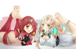 Rule 34 | 2girls, absurdres, barefoot, blonde hair, blush, breasts, breasts out, closed mouth, earrings, ethan(33327245), feet, gem, headpiece, heart, highres, jewelry, long hair, lying, multiple girls, mythra (xenoblade), open mouth, pyra (xenoblade), red eyes, red hair, short hair, simple background, soles, toes, tongue, v, white background, xenoblade chronicles (series), xenoblade chronicles 2, yellow eyes