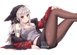 Rule 34 | 1girl, animal ears, ardenlolo, arknights, bare shoulders, beanie, black skirt, blunt bangs, breasts, brown pantyhose, cleavage, collarbone, ears through headwear, frostleaf (arknights), grey shirt, hand on own knee, hat, headphones, jacket, legs up, long hair, long sleeves, looking at viewer, material growth, midriff, miniskirt, off shoulder, open clothes, open jacket, oripathy lesion (arknights), paid reward available, pantyhose, parted lips, reclining, red eyes, red jacket, shirt, silver hair, simple background, skirt, small breasts, solo, thighs, twitter logo, white background