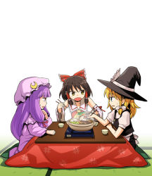 Rule 34 | 3girls, angry, blonde hair, brown hair, chopsticks, crescent hat ornament, eating, face, female focus, food, hakurei reimu, hat, hat ornament, heebee, kirisame marisa, kotatsu, long hair, multiple girls, nabe, patchouli knowledge, portable stove, purple hair, ribbon, short hair, table, tatami, touhou, white background, witch, witch hat, yellow eyes