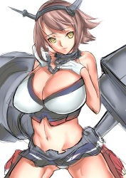 Rule 34 | 10s, 1girl, bad id, bad pixiv id, bare shoulders, breasts, brown eyes, brown hair, cleavage, dodai shouji, gloves, huge breasts, kantai collection, mutsu (kancolle), navel, short hair, simple background, solo, white background