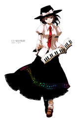 Rule 34 | 1girl, beamed quavers, book, brown eyes, brown hair, female focus, hat, highres, instrument, keyboard (instrument), musical note, necktie, oso (toolate), quaver, short hair, simple background, solo, staff (music), touhou, treble clef, usami renko