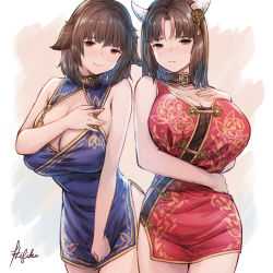 Rule 34 | 2girls, animal ears, belt collar, blush, breast suppress, breasts, brown eyes, brown hair, china dress, chinese clothes, cleavage, closed mouth, collar, come hither, commission, dress, horns, huge breasts, ivris, large breasts, lips, long hair, looking at viewer, multicolored hair, multiple girls, original, pink hair, red eyes, signature, streaked hair