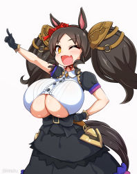 Rule 34 | + +, 1girl, ;d, animal ears, arm up, big hair, black bow, black gloves, black hair, black jacket, black skirt, bow, breasts, brooch, buckle, bursting breasts, buttons, center frills, clothing cutout, collared shirt, commentary request, cowboy shot, crop top, drill hair, drill sidelocks, fang, flower, frilled shirt, frilled skirt, frills, gloves, hair flower, hair ornament, hairband, hand on own hip, happy, high-waist skirt, highres, horse ears, horse girl, horse tail, huge breasts, isemagu, jacket, jewelry, layered skirt, light blush, looking at viewer, marvelous sunday (umamusume), no bra, o-ring, one eye closed, open mouth, oppai loli, orange eyes, parted bangs, pointing, pointing up, puffy short sleeves, puffy sleeves, red flower, red hairband, red ribbon, ribbon, saddle, shiny skin, shirt, short sleeves, shrug (clothing), sidelocks, simple background, skirt, smile, solo, standing, symbol-shaped pupils, tail, twintails, twitter username, umamusume, underboob, underboob cutout, white background, white shirt