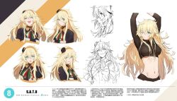 Rule 34 | 1girl, ;/, armpits, black jacket, black pantyhose, black shirt, blonde hair, breasts, character name, character sheet, chinese commentary, chinese text, closed eyes, commentary request, concept art, girls&#039; frontline, green eyes, groin, hair between eyes, hair ornament, hairband, hand on own hip, highres, italian flag print, jacket, large breasts, long hair, looking at viewer, messy hair, midriff, multicolored clothes, multicolored jacket, multiple views, navel, neck ribbon, nin (lion), official art, one eye closed, open mouth, orange jacket, pantyhose, profile, ribbon, s.a.t.8 (girls&#039; frontline), see-through, see-through shirt, shirt, smile, solo, translation request, two-tone jacket, upper body, very long hair, white background