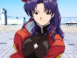Rule 34 | 1girl, breast press, breasts, dress, game cg, jacket, jewelry, katsuragi misato, kneeling, large breasts, long hair, looking at viewer, necklace, neon genesis evangelion, open clothes, open jacket, parted lips, purple hair, short dress, sky, smile, solo, turtleneck, uniform, upper body, yabusame
