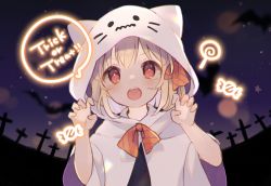 Rule 34 | 1girl, :o, bat (animal), blonde hair, bow, bowtie, candy, claw pose, commentary, english text, food, graveyard, halloween, hands up, highres, hooded robe, looking at viewer, medium hair, multicolored neckwear, nig 18, night, night sky, open mouth, orange bow, orange bowtie, outdoors, red eyes, robe, rumia, sky, solo, speech bubble, star (sky), starry sky, teeth, touhou, trick or treat, upper body, upper teeth only, v-shaped eyebrows, white robe