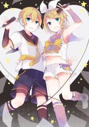 Rule 34 | 1boy, 1girl, absurdres, aqua eyes, armpits, blonde hair, bow, crop top, detached sleeves, fang, fortissimo, full body, hair bow, hair ornament, hairclip, hand on another&#039;s back, headphones, heart, heart background, highres, holding, holding microphone, kagamine len, kagamine len (vocaloid4), kagamine rin, kagamine rin (vocaloid4), kaneko aaru, leg up, leg warmers, looking at viewer, microphone, midriff, navel, necktie, piano print, sailor collar, shirt, short hair, short ponytail, short sleeves, shorts, siblings, sleeveless, sleeveless shirt, smile, sparkle, star (symbol), twins, v, v4x, vocaloid
