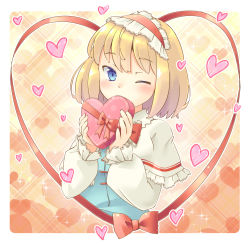 Rule 34 | 1girl, alice margatroid, arnest, blonde hair, blue eyes, blush, bow, box, capelet, gift, gift box, hairband, heart, heart-shaped box, lolita hairband, long sleeves, looking at viewer, one eye closed, short hair, sidelocks, solo, swept bangs, touhou, valentine