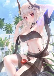 Rule 34 | 1girl, apple, arknights, arm behind head, arm up, armpits, bae.c, bare shoulders, blue sky, blush, breasts, cleavage, cloud, commentary request, day, flower, food, fruit, hair flower, hair ornament, hand in own hair, highres, horns, infection monitor (arknights), jewelry, large breasts, long hair, looking at viewer, material growth, medium breasts, mudrock (arknights), mudrock (silent night) (arknights), navel, nipples, official alternate costume, oripathy lesion (arknights), outdoors, palm tree, pointy ears, red eyes, see-through, silver hair, sitting, sky, slit pupils, solo, stomach, tree, yellow flower