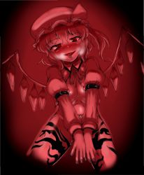 Rule 34 | 1girl, eyebrows, eyelashes, female focus, flandre scarlet, gradient background, hat, looking at viewer, monochrome, nail, navel, navel piercing, nipple piercing, piercing, shiny skin, short hair, solo, tattoo, tongue, tongue out, tongue piercing, touhou, vampire, wings, yamoto