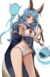 Rule 34 | 10s, 1girl, animal ears, blue hair, blush, breasts, brown eyes, cape, clothes lift, contrapposto, dress, dress lift, earrings, erune, eruthika, ferry (granblue fantasy), frills, granblue fantasy, highres, jewelry, long hair, looking at viewer, no bra, panties, rabbit ears, sideboob, small breasts, solo, spirit, standing, underbust, underwear, whip, white background, white panties, wolf ears