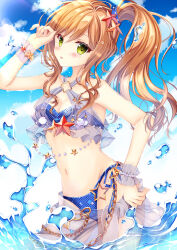 Rule 34 | 1girl, :p, bang dream!, bikini, blue bikini, blue sky, blush, breasts, brown hair, chain, cleavage, cloud, day, earrings, green eyes, hair ornament, highres, hiryuu kanon, imai lisa, jewelry, long hair, looking at viewer, medium breasts, navel, outdoors, see-through, side ponytail, sidelocks, sky, solo, star (symbol), star hair ornament, stomach, swimsuit, tongue, tongue out, water