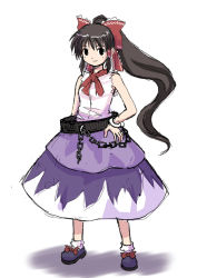 Rule 34 | 1girl, bare shoulders, belt, black belt, black eyes, blue footwear, bobby socks, bow, bracelet, brown hair, cosplay, costume switch, female focus, footwear bow, frilled bow, frills, full body, hair bow, hair tubes, hakurei reimu, hand on own hip, haniwa, haniwa (leaf garden), hip focus, ibuki suika, ibuki suika (cosplay), jewelry, long hair, looking at viewer, ponytail, red bow, scarf, shadow, shirt, shoes, simple background, skirt, sleeveless, sleeveless shirt, smile, socks, solo, standing, touhou, wavy hair, white background, white shirt