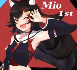 Rule 34 | 1girl, animal ear fluff, animal ears, black hair, claw pose, detached sleeves, fang, hair ornament, hairclip, highres, hololive, kouhaku nawa, long hair, looking at viewer, midriff, multicolored hair, navel, one eye closed, ookami mio, ookami mio (1st costume), open mouth, red background, red hair, rope, shimenawa, simple background, sketch, smile, solo, streaked hair, umikotatsu, upper body, virtual youtuber, wolf ears, yellow eyes