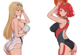 Rule 34 | 2girls, ass, back, bare shoulders, blonde hair, breasts, brown eyes, competition swimsuit, covered erect nipples, gomu (chewinggom), highres, large breasts, long hair, looking at viewer, looking back, multiple girls, mythra (radiant beach) (xenoblade), mythra (xenoblade), nintendo, one-piece swimsuit, pyra (pro swimmer) (xenoblade), pyra (xenoblade), red hair, short hair, sideboob, simple background, smile, strapless, strapless one-piece swimsuit, swimsuit, white background, xenoblade chronicles (series), xenoblade chronicles 2