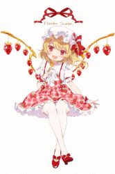 Rule 34 | 1girl, :d, alternate costume, alternate wings, arm garter, ascot, bell, blonde hair, blush, bow, character name, collar, collared dress, commentary request, cross-laced clothes, crossed legs, crystal, dotted background, dress, fang, flandre scarlet, food print, footwear bow, fork, frilled collar, frilled dress, frilled sleeves, frills, full body, gold, hand up, hat, hat bow, head tilt, high heels, highres, holding, holding fork, jingle bell, looking at viewer, miya (ete), mob cap, open collar, open mouth, outstretched hand, pink dress, plaid, plaid dress, puffy short sleeves, puffy sleeves, red bow, red dress, red eyes, red footwear, red ribbon, ribbon, ribbon-trimmed dress, shiny footwear, shirt, shoes, short hair, short sleeves, sitting, smile, solo, strawberry print, swept bangs, thighhighs, touhou, undershirt, white ascot, white background, white hat, white shirt, white thighhighs, wings, wrist bow, wrist cuffs, zettai ryouiki