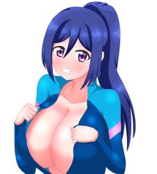 Rule 34 | 1girl, alternate breast size, blue hair, blush, breasts, cleavage, grin, highres, huge breasts, long hair, looking at viewer, love live!, love live! sunshine!!, marurumadoka, matsuura kanan, no bra, open clothes, parted lips, ponytail, purple eyes, simple background, smile, solo, teeth, unzipped, upper body, white background
