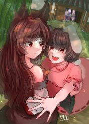 Rule 34 | 5girls, absurdres, animal ears, bamboo, bamboo forest, bare shoulders, black hair, brown hair, carrot necklace, commentary request, dress, floppy ears, forest, highres, houraisan kaguya, imaizumi kagerou, inaba tewi, jewelry, long hair, looking at another, multiple girls, nature, necklace, outdoors, pink dress, rabbit ears, rabbit girl, red eyes, reisen udongein inaba, short sleeves, signature, takana (forsterite), touhou, wolf ears, wolf girl, yagokoro eirin
