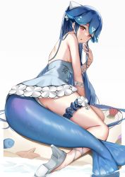 Rule 34 | 1girl, absurdres, bao (vtuber), blue hair, breasts, bridal garter, cetacean tail, commentary, dress, earrings, english commentary, fins, fish tail, from behind, full body, grey dress, hand up, high heels, highres, indie virtual youtuber, jewelry, long hair, looking at viewer, looking back, panties, panty peek, parted lips, red eyes, shell, simple background, skai kun, solo, starfish, strapless, strapless dress, tail, underwear, very long hair, virtual youtuber, white background, white footwear, white panties