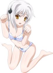 Rule 34 | 10s, 1girl, bare shoulders, barefoot, blue bow, bow, bra, breasts, cat hair ornament, cleavage, collarbone, extraction, hair ornament, high school dxd, looking at viewer, navel, open mouth, panties, paw pose, shiny skin, short hair, silver hair, small breasts, solo, toujou koneko, transparent background, underwear, underwear only, white bra, white panties, yellow eyes