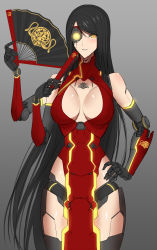 Rule 34 | 1girl, bare shoulders, black hair, breasts, cleavage, cleavage cutout, clothing cutout, crimson typhoon, cyborg, dragon, dress, eastern dragon, emblem, extra arms, eyepatch, facial hair, folding fan, glowing, hand fan, highres, hime cut, jaeger (pacific rim), joints, large breasts, legendary pictures, light, long hair, mecha musume, mechanical arms, mechanical legs, mechanical parts, mustache, pacific rim, pan pacific defense corps, personification, red dress, robot joints, sigm@, symbol, very long hair, yellow eyes
