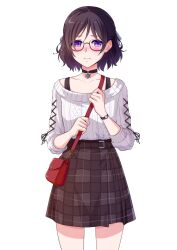 Rule 34 | 1girl, absurdres, bag, blush, braid, brown hair, brown skirt, closed mouth, cosplay, french braid, glasses, highres, hololive, levana violette (lusan666), long sleeves, lusan666, original, purple eyes, shirogane noel, shirogane noel (casual), shirogane noel (cosplay), short hair, shoulder bag, skirt, solo, sweater, virtual youtuber, watch, white sweater