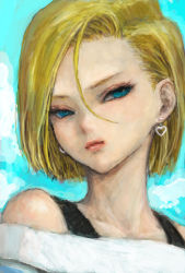 Rule 34 | 1girl, android 18, bad id, bad pixiv id, blonde hair, blue eyes, dragon ball, dragonball z, earrings, jewelry, ponsuke (pon00000), short hair, solo