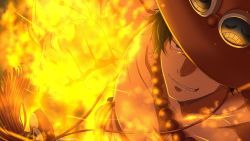 Rule 34 | 1boy, artist name, bead necklace, beads, black eyes, black hair, clenched hand, commentary request, fire, flaming hand, freckles, hat, hat over one eye, highres, jewelry, looking at viewer, male focus, necklace, nipples, one eye covered, one piece, pinattsu, portgas d. ace, topless male, short hair, smirk, solo, tassel, twitter username