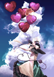 Rule 34 | 1girl, absurdres, balloon, black hat, blue sky, bowler hat, cloud, cloudy sky, embryo, frilled cuffs, frilled skirt, frills, hat, hat ribbon, heart balloon, highres, komeiji koishi, long sleeves, ribbon, skirt, sky, solo, t terano, touhou, wide sleeves, yellow ribbon