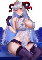 Rule 34 | 1girl, absurdres, artoria pendragon (fate), artoria pendragon (lancer alter) (fate), artoria pendragon (lancer alter) (fate) (cosplay), artoria pendragon (lancer alter) (royal icing) (fate), artoria pendragon (lancer alter) (royal icing) (fate) (cosplay), ayuyaki, babydoll, black gloves, black panties, blue babydoll, blush, breasts, choker, cleavage, commission, commissioner upload, cosplay, curled horns, fate/grand order, fate (series), fire emblem, fire emblem heroes, freyja (fire emblem), garter belt, garter straps, gloves, goat horns, highres, horns, jewelry, large breasts, lingerie, long hair, looking at viewer, necklace, negligee, nintendo, official alternate costume, panties, red eyes, revealing clothes, see-through, silver hair, sitting, skeb commission, sky, snowflake print, solo, thighhighs, underwear