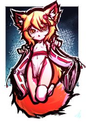 Rule 34 | + +, 1girl, :d, absurdres, animal ear fluff, animal ears, bare shoulders, blonde hair, blush, bow, breasts, china dress, chinese clothes, crosshatching, dress, floofsmear, flower, fluffy, fox ears, fox girl, fox tail, full body, hair flower, hair ornament, hands up, hatching (texture), highres, japanese clothes, kimono, kitsune, long eyelashes, looking at viewer, miko, mixed media, multicolored hair, navel, open mouth, outline, pelvic curtain, red flower, senko (sewayaki kitsune no senko-san), sewayaki kitsune no senko-san, short hair, small breasts, smile, solo, sparkle, sparkling eyes, tail, thick outlines, thighhighs, thighs, white kimono, white outline, white thighhighs, yellow eyes