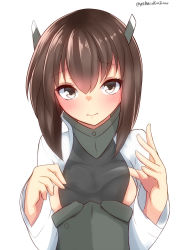 Rule 34 | 10s, 1girl, bad id, bad pixiv id, blush, breasts, brown eyes, brown hair, hair between eyes, headband, headgear, highres, kantai collection, long sleeves, looking at viewer, nebusoku, short hair, sideboob, simple background, small breasts, solo, taihou (kancolle), twitter username, upper body, white background