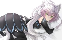 Rule 34 | 1girl, ahoge, animal ears, atalanta (fate), atalanta alter (fate), atalanta alter (first ascension) (fate), black dress, black pants, braid, breasts, chain, closed mouth, commentary request, crossed bangs, detached sleeves, dress, expressionless, eyes visible through hair, fate/grand order, fate (series), french braid, from behind, gradient hair, hair between eyes, highres, huge ahoge, long hair, looking at viewer, looking back, looking to the side, lying, mikanmochi, multicolored hair, hugging object, on stomach, pants, pillow, pillow hug, pink hair, short dress, sidelocks, simple background, slit pupils, small breasts, solo, tail, tsurime, very long hair, white background, white hair