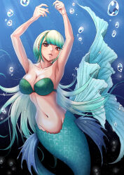Rule 34 | 1girl, absurdres, air bubble, armpits, arms up, bare shoulders, bikini, bikini top only, breasts, bubble, character request, cleavage, collarbone, commentary request, copyright request, fins, gradient hair, green footwear, green hair, groin, highres, large breasts, light rays, long hair, looking at viewer, mermaid, monster girl, multicolored hair, navel, nito (mrrx5772), parted lips, red eyes, scales, sidelocks, solo, stomach, swimsuit, underwater, virtual youtuber, white hair