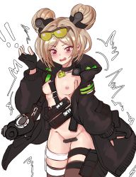 Rule 34 | 1girl, absurdres, bad id, bad pixiv id, bar censor, belt, breasts, censored, collarbone, condom, double bun, eyewear on head, fingerless gloves, gas mask, girls&#039; frontline, gloves, hair ornament, highres, long coat, looking at viewer, mask, open mouth, p90 (girls&#039; frontline), pussy, red eyes, simple background, small breasts, solo, sunglasses on head, tears, white background, yahankkwo