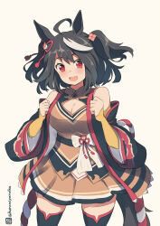 Rule 34 | 1girl, ahoge, animal ears, bare shoulders, black hair, black thighhighs, breasts, brown background, brown skirt, cleavage, cleavage cutout, clenched hands, clothing cutout, hands up, horse ears, horse girl, horse tail, kitasan black (umamusume), kuromiya, long sleeves, looking at viewer, medium breasts, multicolored hair, one-hour drawing challenge, open mouth, pleated skirt, red eyes, simple background, skirt, sleeves past wrists, solo, streaked hair, tail, thighhighs, twitter username, two side up, umamusume, white hair, wide sleeves