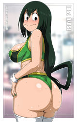 Rule 34 | 1girl, ass, asui tsuyu, bare shoulders, blurry, blurry background, boku no hero academia, border, breasts, buruma, closed mouth, cowboy shot, from behind, green hair, highres, huge ass, indoors, large breasts, long hair, looking back, midriff, sano br, shiny skin, solo, sports bra, sportswear, standing, sweat, thighhighs, white border, white thighhighs, wrist cuffs