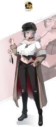 Rule 34 | 1girl, absurdres, black bra, black choker, black footwear, black hat, black pants, blush, bra, breasts, brown coat, buta dong, cabbie hat, choker, cleavage, coat, coat partially removed, commentary request, crop top, dream catcher, full body, fur-trimmed coat, fur trim, genderswap, genderswap (mtf), grey hair, hair between eyes, hand in pocket, hat, highres, holding, kutsuji, large breasts, long bangs, long sleeves, mahjong soul, navel, open fly, open mouth, pants, red eyes, shirt, shoes, short hair, smile, solo, standing, t-shirt, torn clothes, torn pants, underwear, white background, zoom layer