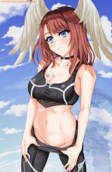 Rule 34 | 1girl, absurdres, asymmetrical bangs, black pants, blue eyes, blue sky, breast tattoo, breasts, brown hair, cleavage, clothes pull, cloud, collarbone, commentary, crop top, eunie (xenoblade), feathered wings, groin, head wings, highres, icesticker, large breasts, medium hair, navel, pants, pants pull, parted lips, simple background, sky, smile, solo, standing, tattoo, white wings, wings, xenoblade chronicles (series), xenoblade chronicles 3