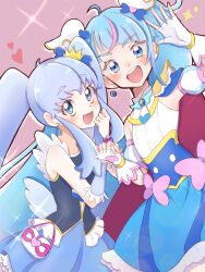 Rule 34 | 2girls, blouse, blue dress, blue eyes, blue hair, blue shirt, blue skirt, bow, brooch, cape, commentary, crown, cure princess, cure sky, cut bangs, detached sleeves, dress, dress bow, earclip, earrings, fingerless gloves, frilled shirt, frills, gloves, happinesscharge precure!, heart, highres, hirogaru sky! precure, holding hands, in-franchise crossover, interlocked fingers, jewelry, long hair, looking at viewer, magical girl, mini crown, miniskirt, multicolored hair, multiple girls, open mouth, pink hair, pouch, precure, puffy detached sleeves, puffy sleeves, red cape, shigen pr, shirayuki hime, shirt, side-by-side, single earring, single sidelock, skirt, sleeveless, sleeveless dress, sleeveless shirt, smile, sora harewataru, standing, streaked hair, tilted headwear, twintails, two-tone dress, two-tone hair, very long hair, waving, white dress, white gloves, wing brooch, wing hair ornament