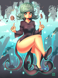 Rule 34 | &gt;:o, 1girl, :o, black dress, black footwear, bright pupils, collarbone, curly hair, dress, fire, floating, full body, green eyes, green hair, high heels, highres, kenron toqueen, crossed legs, levitation, long sleeves, matching hair/eyes, no socks, one-punch man, pointing, pointing up, rock, shoes, short hair, side slit, signature, smoke, solo, tareme, tatsumaki, telekinesis, thick thighs, thighs, v-shaped eyebrows, white pupils